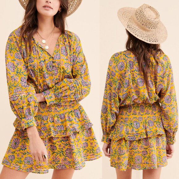 Cleobella Bianca Mini Dress S Yellow Combo $208 Tiered Ruffle Smocked Waist Boho - Picture 1 of 16